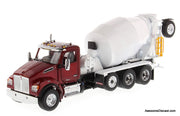 Kenworth T880 SFFA Tandem w/Lift Axle & McNeilus Bridgemaster Concrete Mixer, Radiant Red 1:50 Diecast Model Truck by Diecast Masters