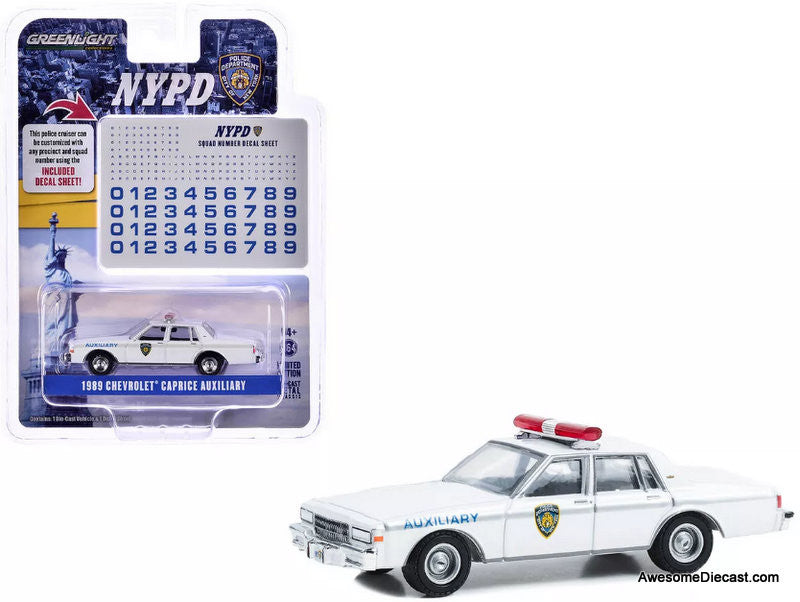 1989 Chevrolet Caprice: NYPD Auxiliary (w/ Squad Number Decal Sheet) 1:64 Diecast Model Car by Greenlight