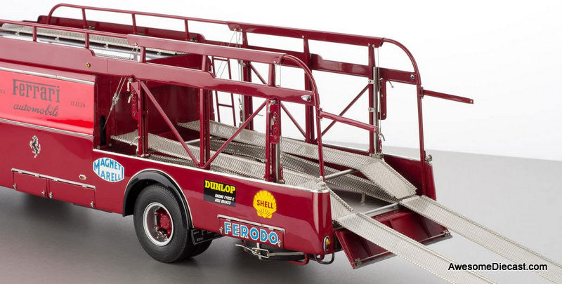 1957 Fiat 642 RN2 Bartoletti Ferrari Race Car Transporter, Dark Red 1:18 Diecast Model Truck by CMR