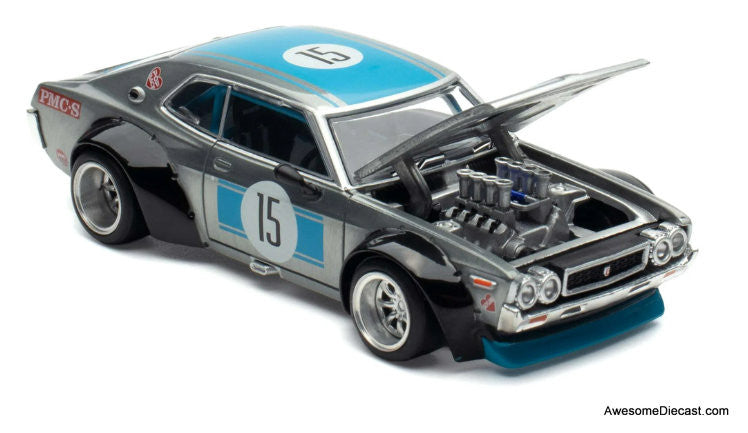 Datsun Laurel C130 RHD  #15 Raw Metal w/Blue Stripes 1:64 Diecast Model Car by Pop Race