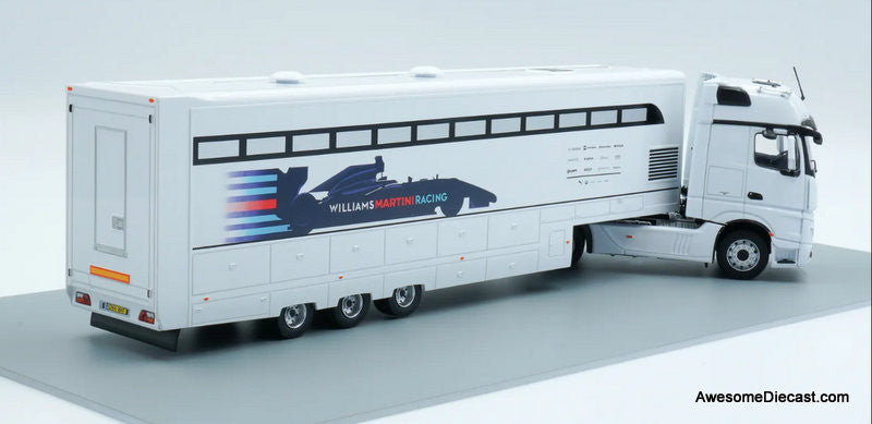Mercedes Benz Actros Sleeper Tractor w/Car Carrier Trailer: Williams Martini Racing 1:43 Diecast/ABS Plastic Model Truck by Altaya