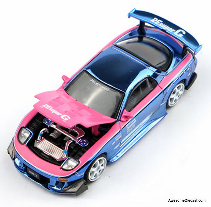Mazda RX7 RE Amemiya Wide Body, Blue Chrome 1:64 Diecast Model Car by Pop Race
