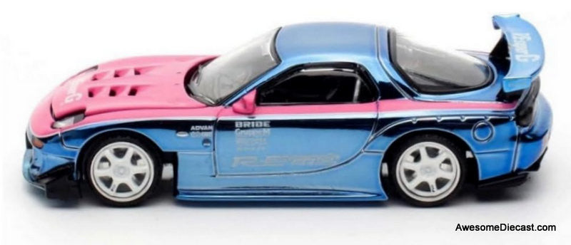 Mazda RX7 RE Amemiya Wide Body, Blue Chrome 1:64 Diecast Model Car by Pop Race