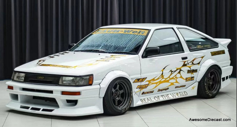 Toyota Corolla Levin GT-Apex RWB, White/Gold 1:64 Diecast Model Car by DCT