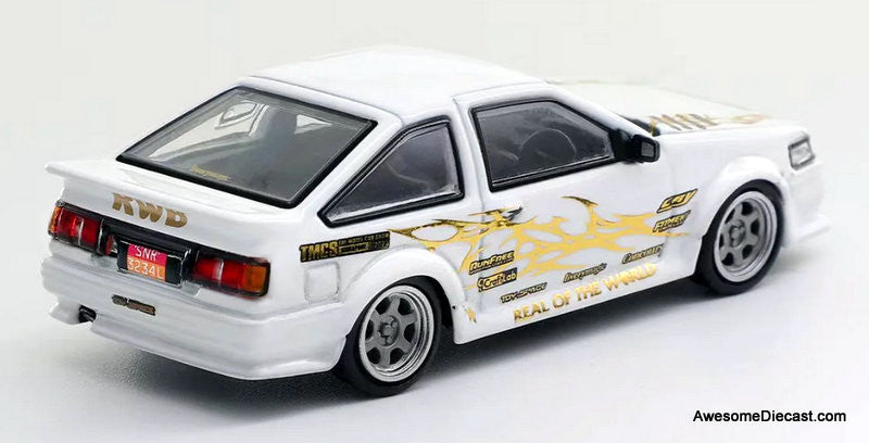 Toyota Corolla Levin GT-Apex RWB, White/Gold 1:64 Diecast Model Car by DCT
