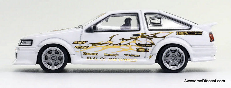 Toyota Corolla Levin GT-Apex RWB, White/Gold 1:64 Diecast Model Car by DCT