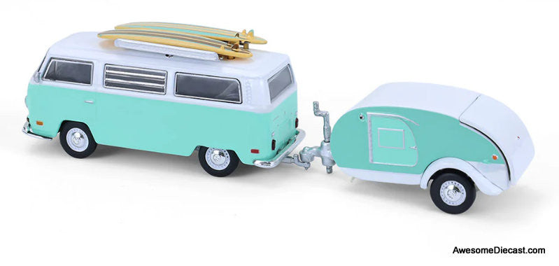 1971 Volkswagen Type 2 w/Surfboards & Teardrop Trailer, Green/White 1:64 Diecast Model Car by Greenlight