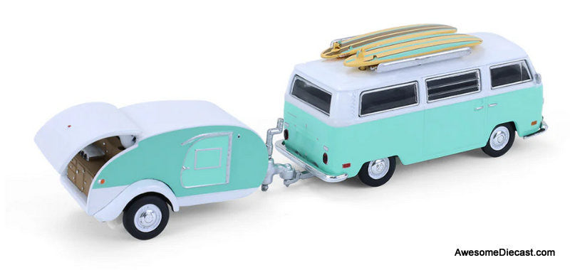 1971 Volkswagen Type 2 w/Surfboards & Teardrop Trailer, Green/White 1:64 Diecast Model Car by Greenlight