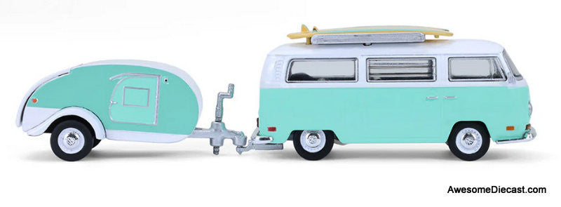 1971 Volkswagen Type 2 w/Surfboards & Teardrop Trailer, Green/White 1:64 Diecast Model Car by Greenlight