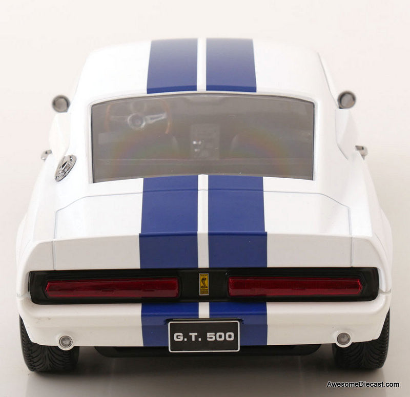 1967 Ford Mustang Shelby GT500, Wimbledon White/Blue Stripes 1:12 Diecast Model Car by KK Scale