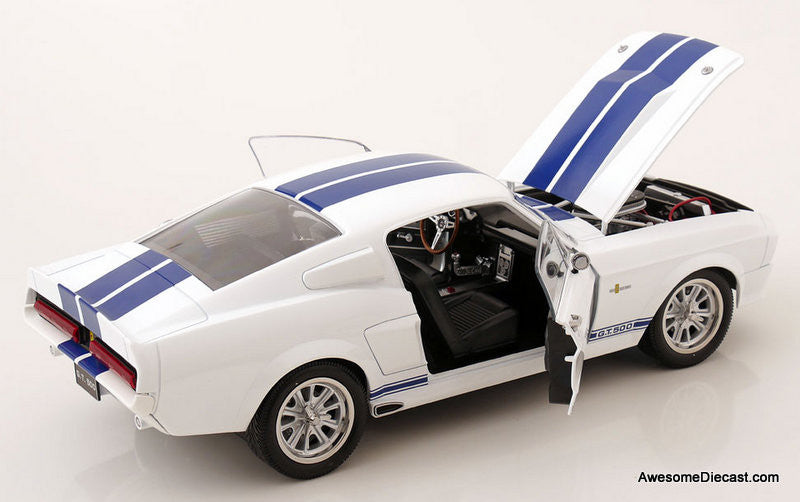 1967 Ford Mustang Shelby GT500, Wimbledon White/Blue Stripes 1:12 Diecast Model Car by KK Scale