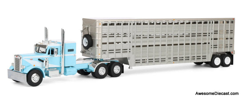 Peterbilt 351 Sleeper Tractor w/45ft Wilson Vintage Livestock Trailer, Blue/White 1:64 Diecast Model Truck DCP by FG