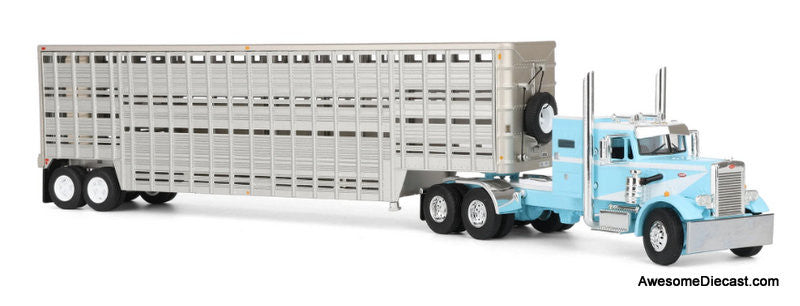 Peterbilt 351 Sleeper Tractor w/45ft Wilson Vintage Livestock Trailer, Blue/White 1:64 Diecast Model Truck DCP by FG