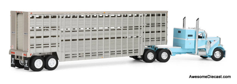 Peterbilt 351 Sleeper Tractor w/45ft Wilson Vintage Livestock Trailer, Blue/White 1:64 Diecast Model Truck DCP by FG