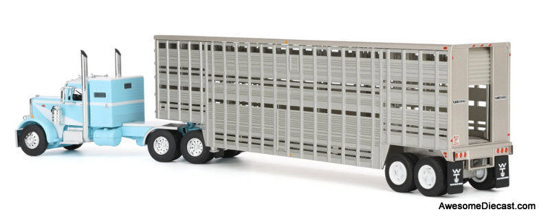Peterbilt 351 Sleeper Tractor w/45ft Wilson Vintage Livestock Trailer, Blue/White 1:64 Diecast Model Truck DCP by FG