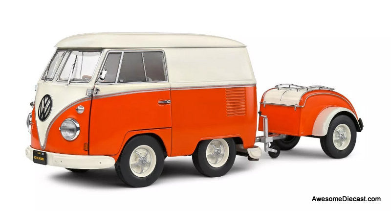 1950 Kool Kombi w/Trailer, Orange/White 1:18 Diecast Model Vehicle by Solido