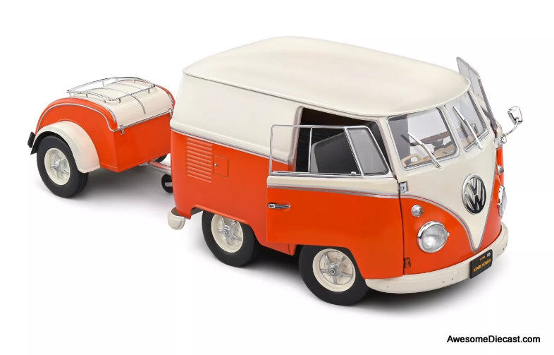 1950 Kool Kombi w/Trailer, Orange/White 1:18 Diecast Model Vehicle by Solido