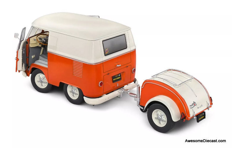 1950 Kool Kombi w/Trailer, Orange/White 1:18 Diecast Model Vehicle by Solido