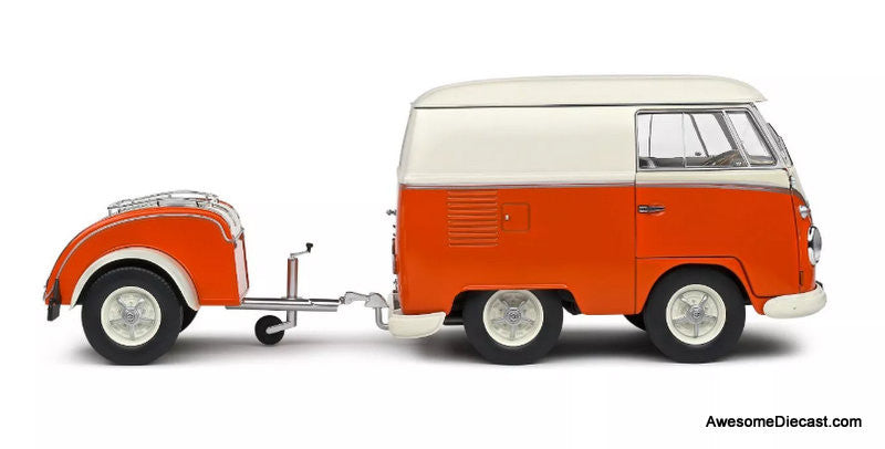 1950 Kool Kombi w/Trailer, Orange/White 1:18 Diecast Model Vehicle by Solido