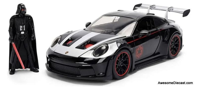 Star Wars Porsche 911 GT3 RS (992), Black/Silver w/Darth Vader Figure 1:24 Diecast Model Car by Jada