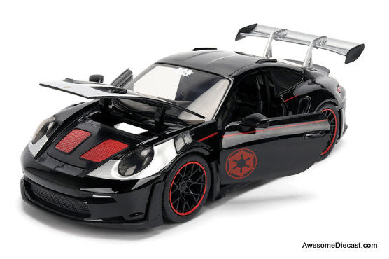 Star Wars Porsche 911 GT3 RS (992), Black/Silver w/Darth Vader Figure 1:24 Diecast Model Car by Jada