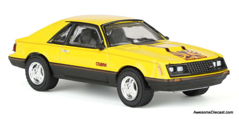 1979 Ford Mustang Cobra Fastback, Bright Yellow w/Cobra Graphics 1:64 Diecast Model Car by Greenlight
