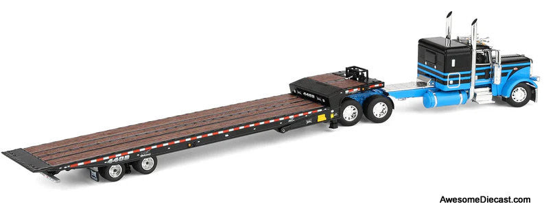 Peterbilt 389 Sleeper Tractor w/Landoll 440B-50CA Traveling Axle Trailer, Blue/Black 1:64 Diecast Model Truck DCP by FG