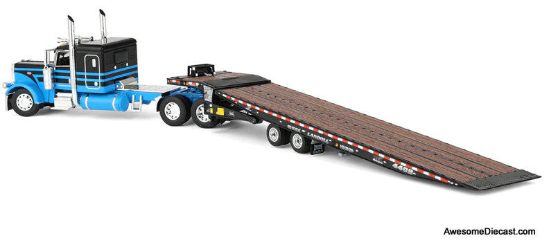 Peterbilt 389 Sleeper Tractor w/Landoll 440B-50CA Traveling Axle Trailer, Blue/Black 1:64 Diecast Model Truck DCP by FG