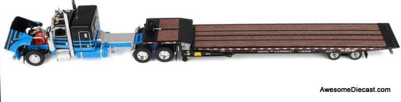Peterbilt 389 Sleeper Tractor w/Landoll 440B-50CA Traveling Axle Trailer, Blue/Black 1:64 Diecast Model Truck DCP by FG