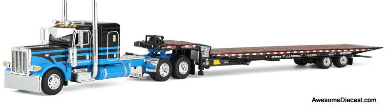 Peterbilt 389 Sleeper Tractor w/Landoll 440B-50CA Traveling Axle Trailer, Blue/Black 1:64 Diecast Model Truck DCP by FG