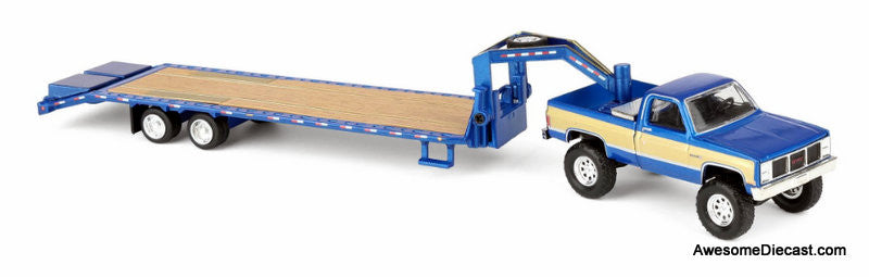 1987 GMC K2500 Pick-Up Truck (Lifted) w/Toolbox & Gooseneck Flatbed Trailer, Blue & Gold 1:64 Diecast Model Truck by Greenlight
