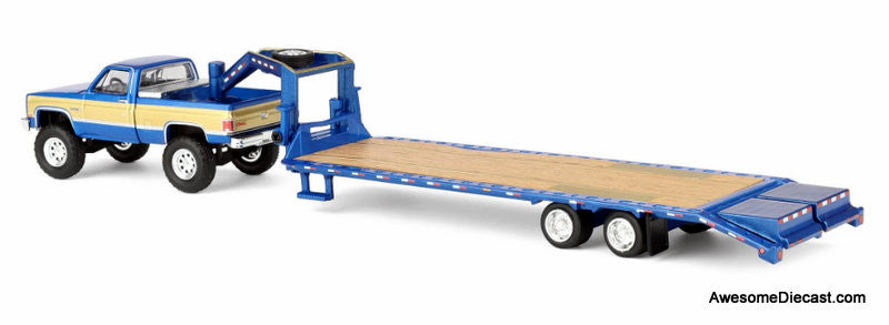 1987 GMC K2500 Pick-Up Truck (Lifted) w/Toolbox & Gooseneck Flatbed Trailer, Blue & Gold 1:64 Diecast Model Truck by Greenlight