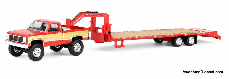 1987 GMC K2500 Pick-Up Truck (Lifted) w/Toolbox & Gooseneck Flatbed Trailer, Red & Gold 1:64 Diecast Model Truck by Greenlight