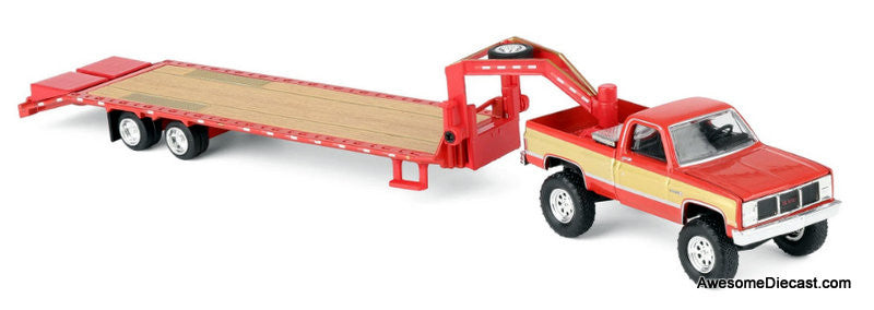 1987 GMC K2500 Pick-Up Truck (Lifted) w/Toolbox & Gooseneck Flatbed Trailer, Red & Gold 1:64 Diecast Model Truck by Greenlight