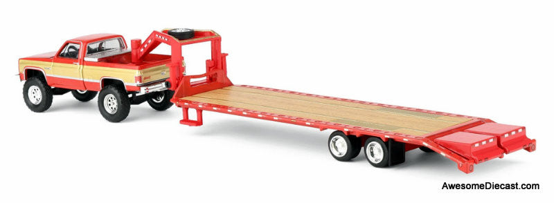 1987 GMC K2500 Pick-Up Truck (Lifted) w/Toolbox & Gooseneck Flatbed Trailer, Red & Gold 1:64 Diecast Model Truck by Greenlight