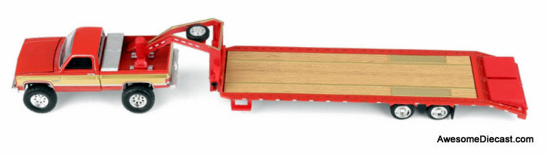 1987 GMC K2500 Pick-Up Truck (Lifted) w/Toolbox & Gooseneck Flatbed Trailer, Red & Gold 1:64 Diecast Model Truck by Greenlight
