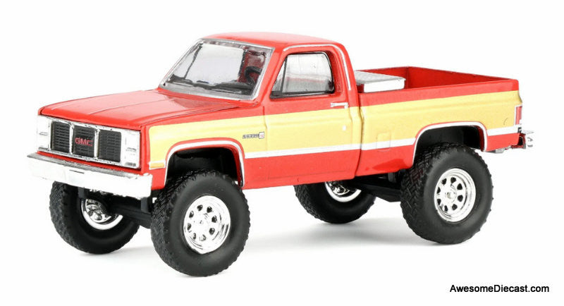 1987 GMC K2500 Pick-Up Truck (Lifted) w/Toolbox & Gooseneck Flatbed Trailer, Red & Gold 1:64 Diecast Model Truck by Greenlight