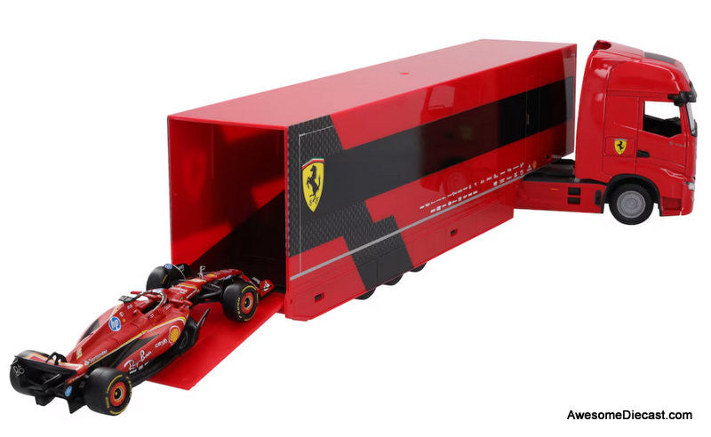 Iveco S-Way 570 Racing Transporter: Scuderia  Team Ferrari w/Race Car 1:43 Diecast Model Vehicle by Burago