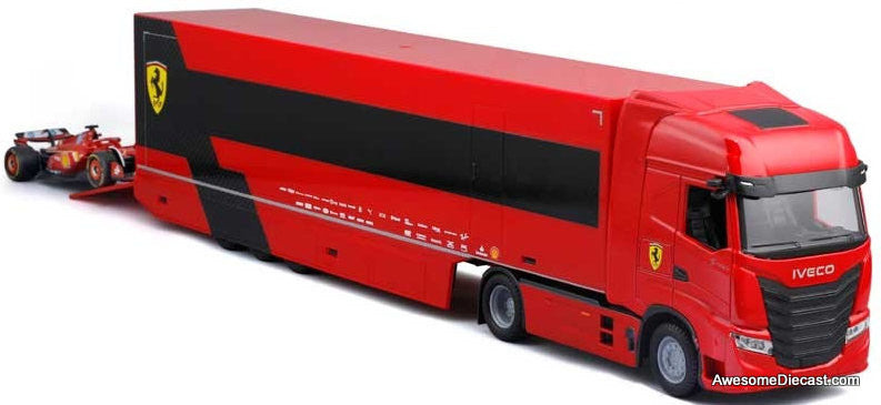 Iveco S-Way 570 Racing Transporter: Scuderia  Team Ferrari w/Race Car 1:43 Diecast Model Vehicle by Burago