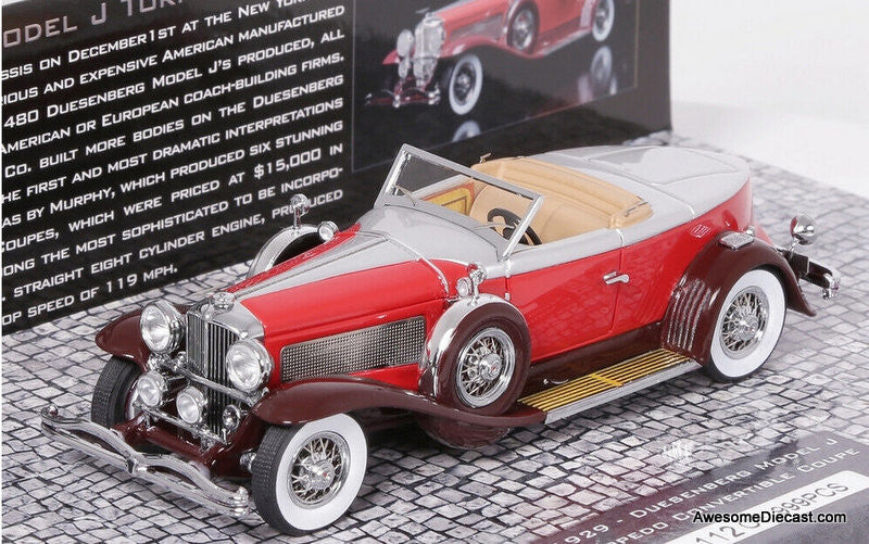Only One!! Minichamps 1:43 1929 Duesenberg Model J Torpedo Convertible, Red/Silver
