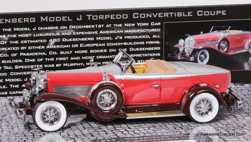Only One!! Minichamps 1:43 1929 Duesenberg Model J Torpedo Convertible, Red/Silver