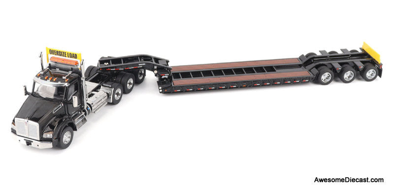 Kenworth T880 SBFA Daycab Tridem Tractor w/Trail King TK120 HDG Lowboy Trailer, Black 1:50 Diecast Model Truck by Diecast Masters