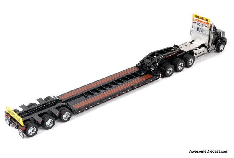 Kenworth T880 SBFA Daycab Tridem Tractor w/Trail King TK120 HDG Lowboy Trailer, Black 1:50 Diecast Model Truck by Diecast Masters