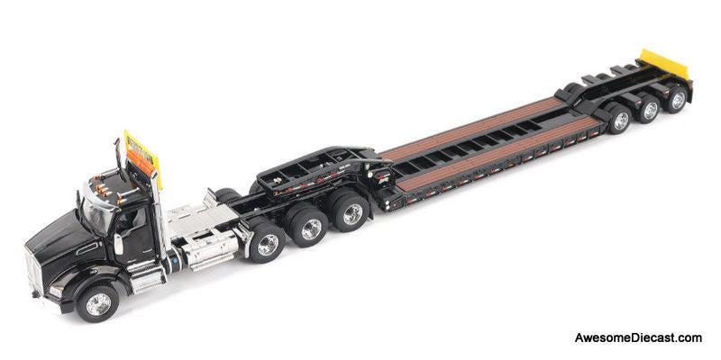 Kenworth T880 SBFA Daycab Tridem Tractor w/Trail King TK120 HDG Lowboy Trailer, Black 1:50 Diecast Model Truck by Diecast Masters