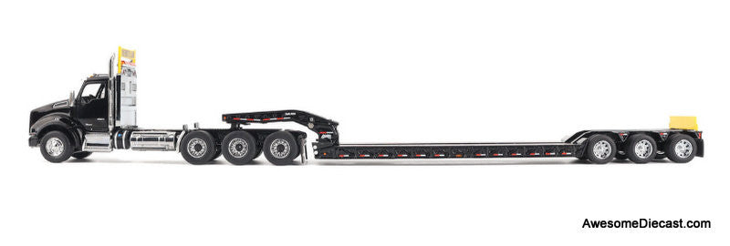 Kenworth T880 SBFA Daycab Tridem Tractor w/Trail King TK120 HDG Lowboy Trailer, Black 1:50 Diecast Model Truck by Diecast Masters