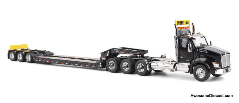 Kenworth T880 SBFA Daycab Tridem Tractor w/Trail King TK120 HDG Lowboy Trailer, Black 1:50 Diecast Model Truck by Diecast Masters