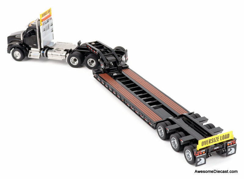 Kenworth T880 SBFA Daycab Tridem Tractor w/Trail King TK120 HDG Lowboy Trailer, Black 1:50 Diecast Model Truck by Diecast Masters