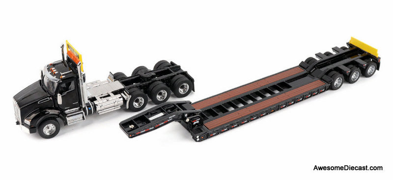 Kenworth T880 SBFA Daycab Tridem Tractor w/Trail King TK120 HDG Lowboy Trailer, Black 1:50 Diecast Model Truck by Diecast Masters
