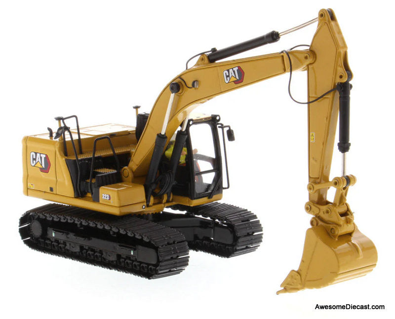 Cat 323 Hydraulic Excavator w/4 New Work-Tools, Yellow (Next Generation) 1:50 Diecast Model Vehicle by Diecast Masters