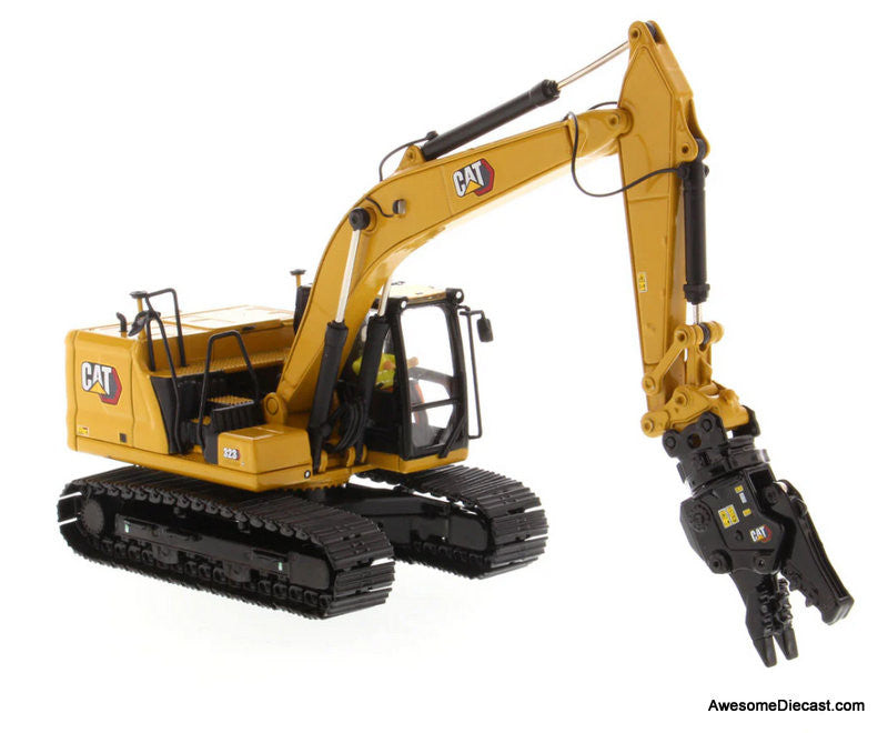 Cat 323 Hydraulic Excavator w/4 New Work-Tools, Yellow (Next Generation) 1:50 Diecast Model Vehicle by Diecast Masters